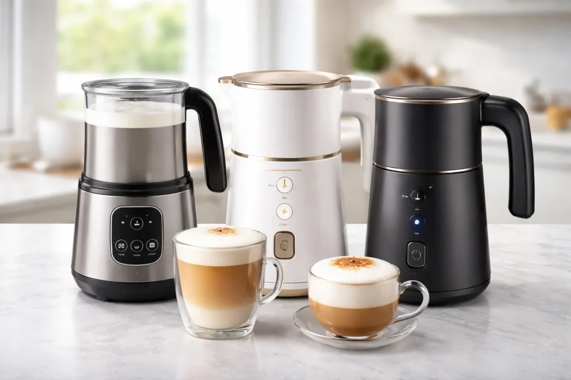 Automatic milk frother on a kitchen counter making thick hot milk foam