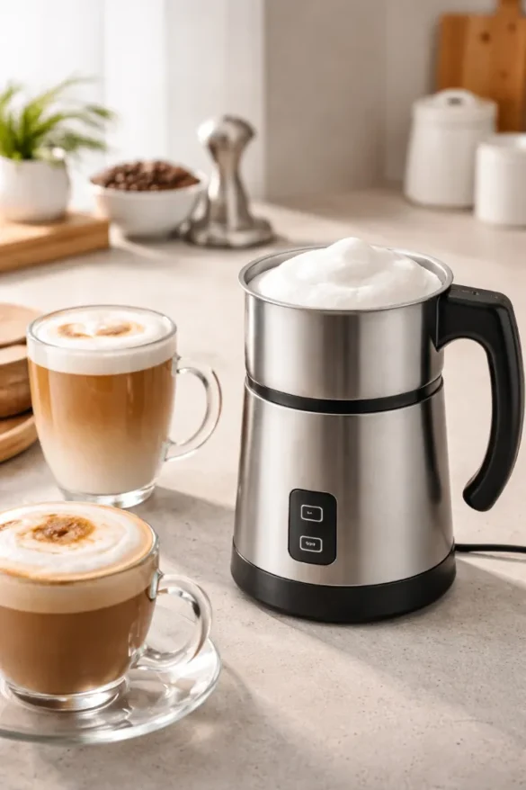 electric milk frother with hot milk and thick foam for home drinks