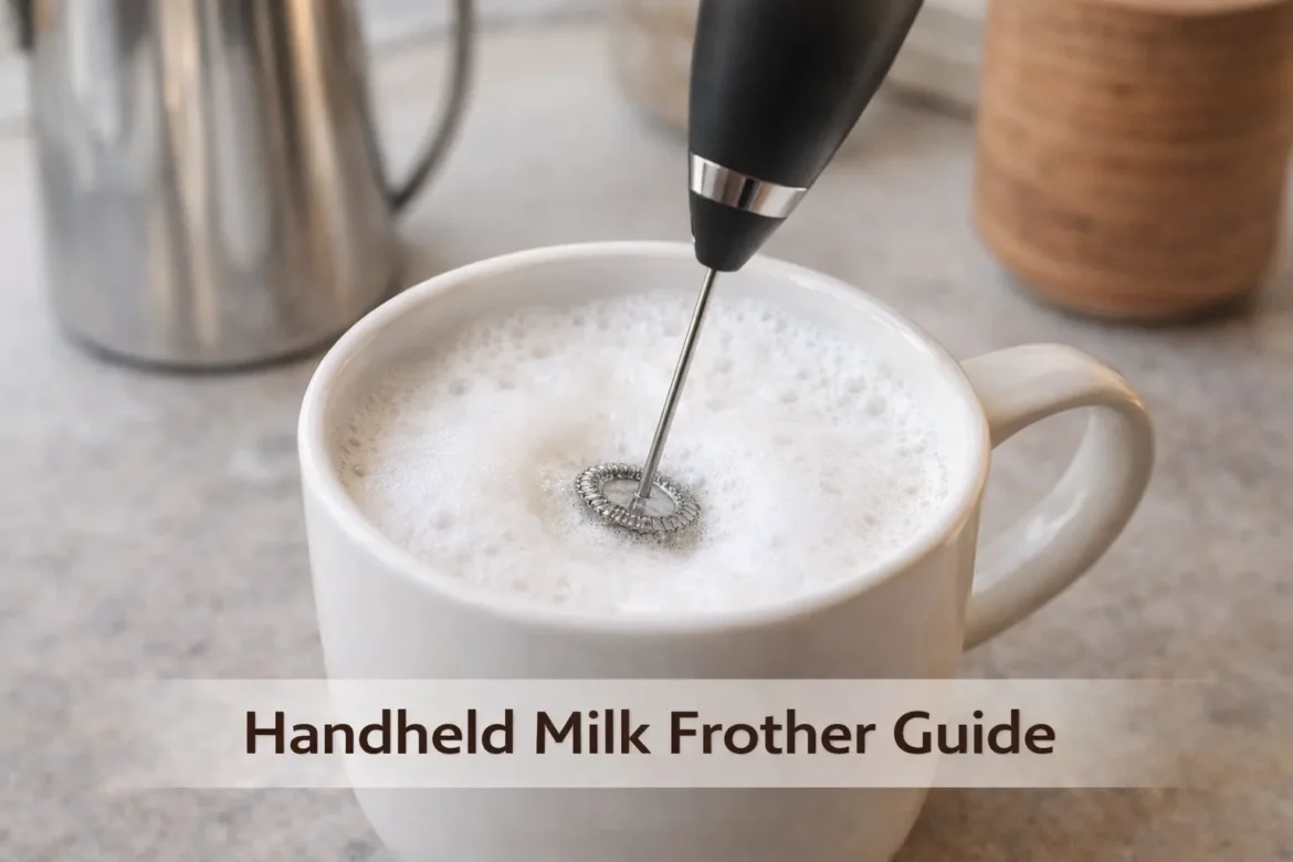 handheld milk frother whisk for making foam in a coffee cup