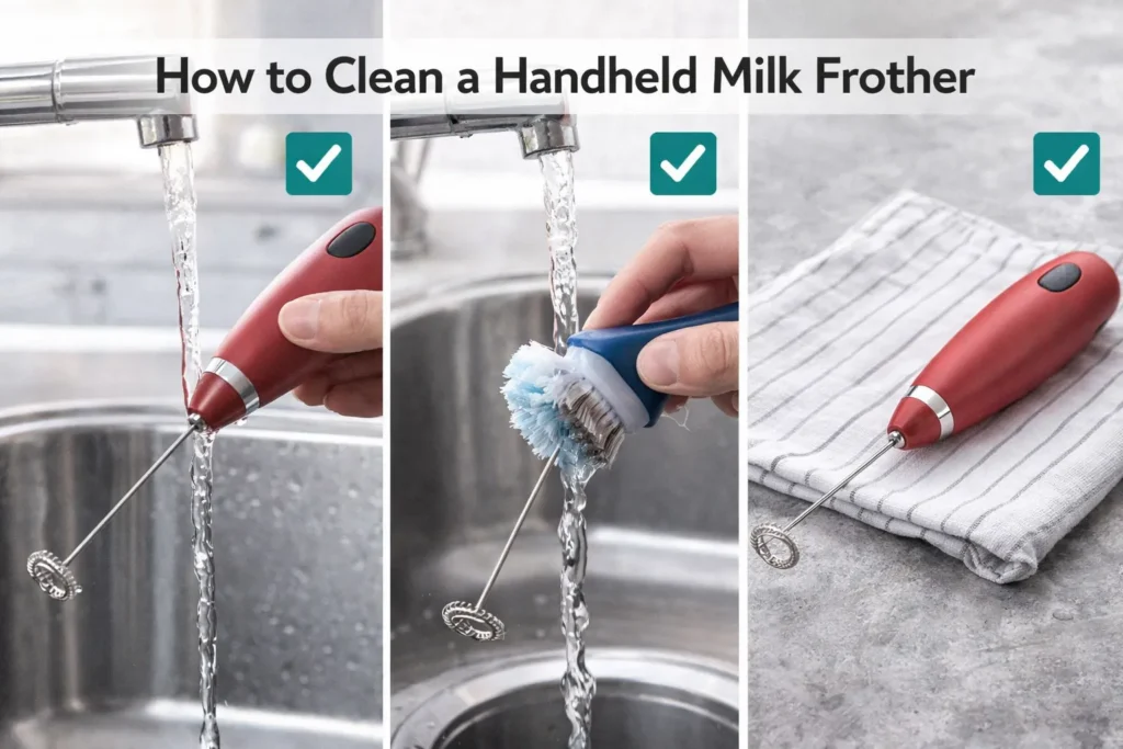 cleaning a handheld milk frother whisk after making milk foam at home