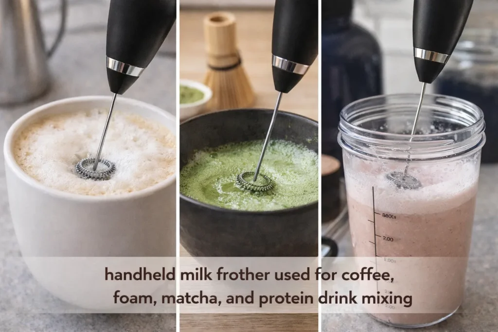 handheld milk frother used for coffee foam matcha and protein drink mixing