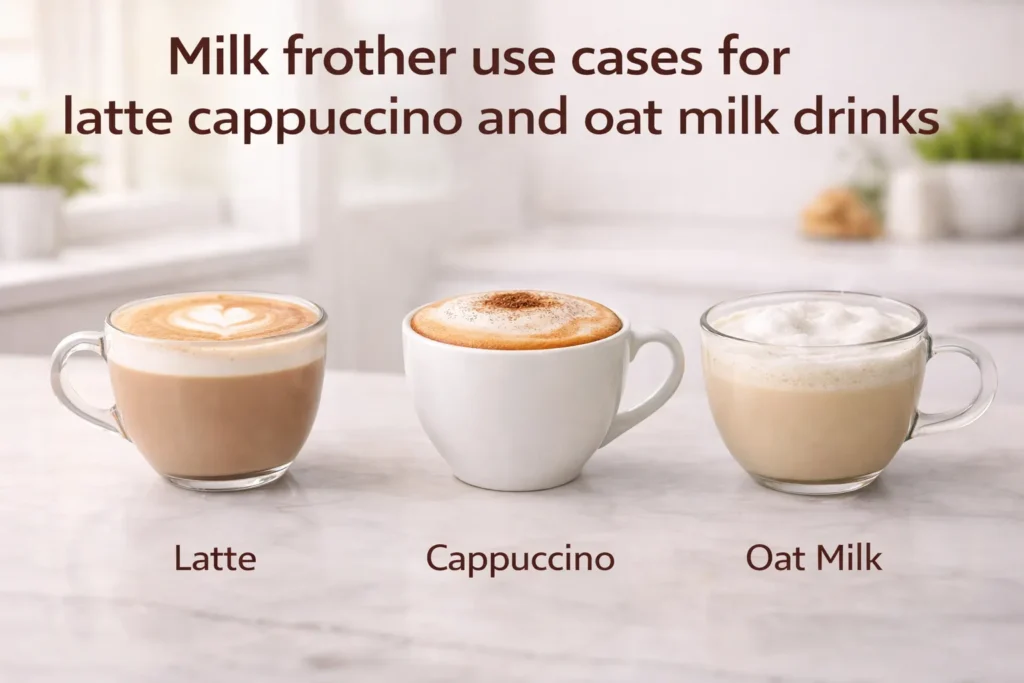 milk frother use cases for latte cappuccino and oat milk drinks