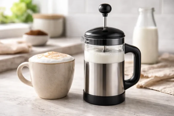 Manual milk frother with plunger design on a kitchen counter for home coffee use